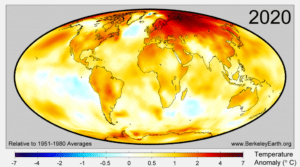 World map illustrating surface temperatures anomalies from January to September of 2020, as compared to the 1951 to 1980 baseline, by Berkeley Earth.