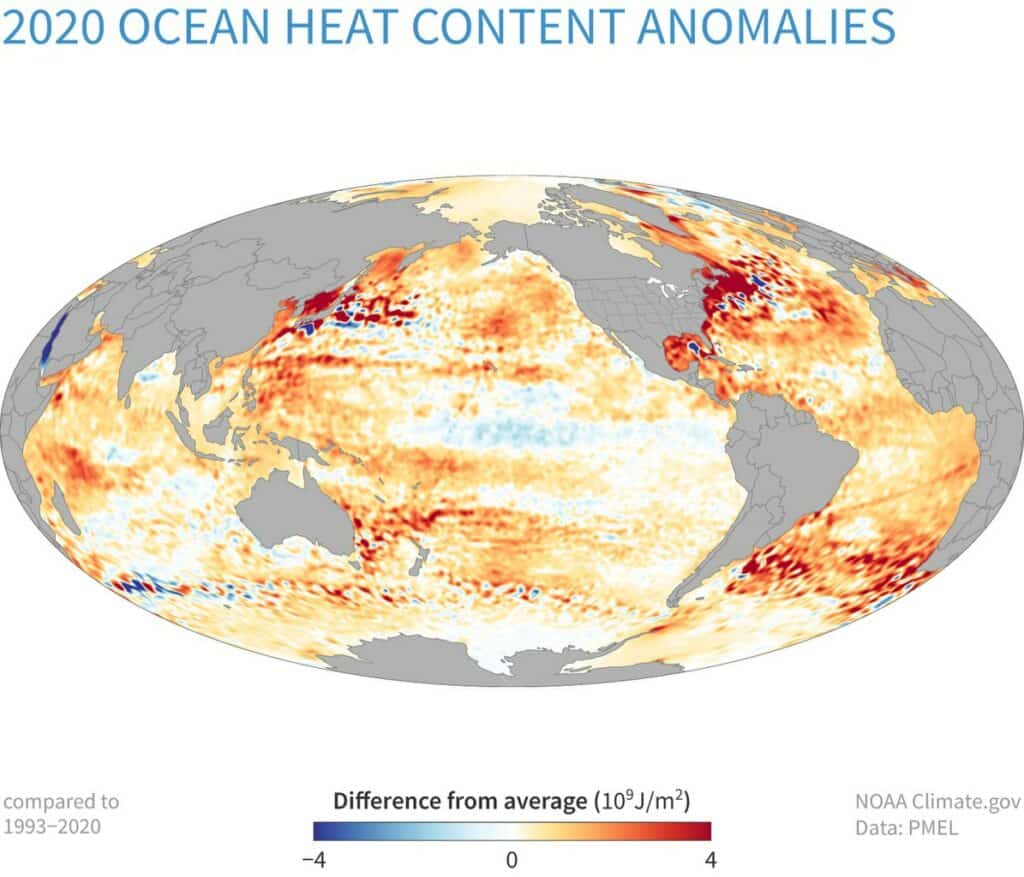 Ocean Heat Anomaly Map 2020 by NOAA is in the public domain.